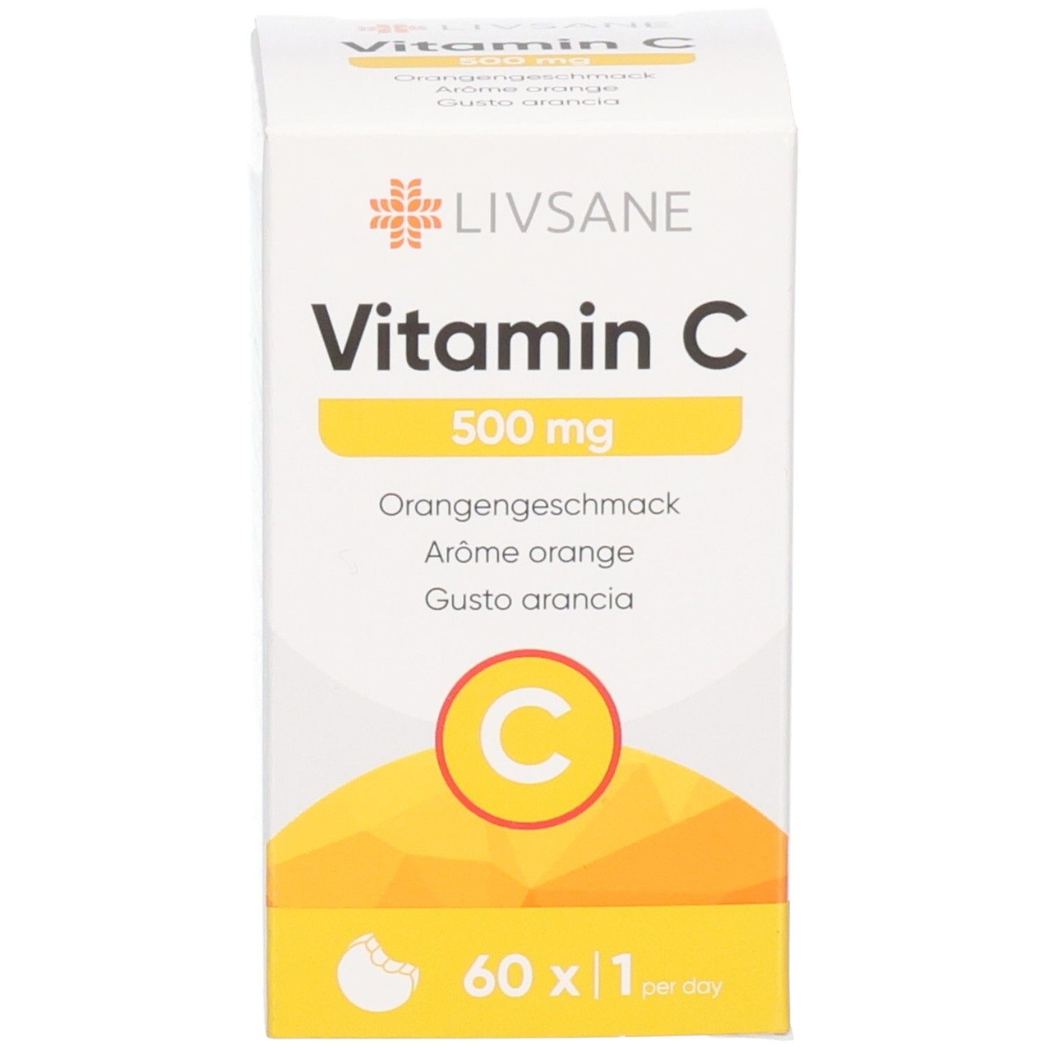 Emballage blanc. Texte: Vitamine C 500 mg, goût orange, 60 comprimés. Logo: C dans un cercle.