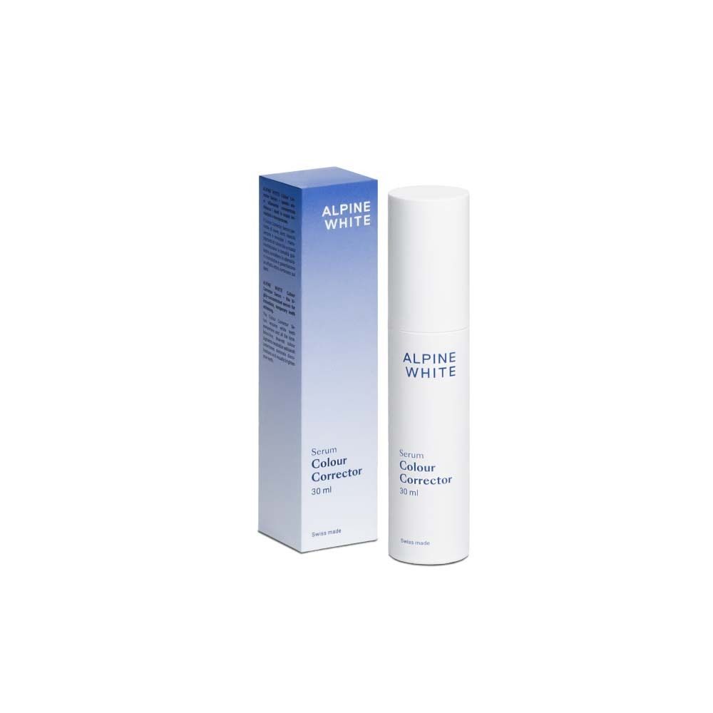 Sérum et emballage. Sérum blanc, emballage bleu avec informations et logo du produit.