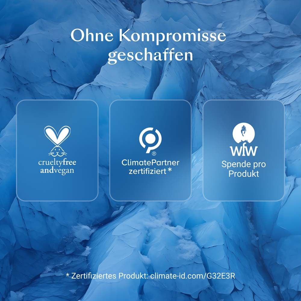 Fond bleu avec logos. Texte : crueltyfree andvegan, ClimatePartner certifié, wiw Don.
