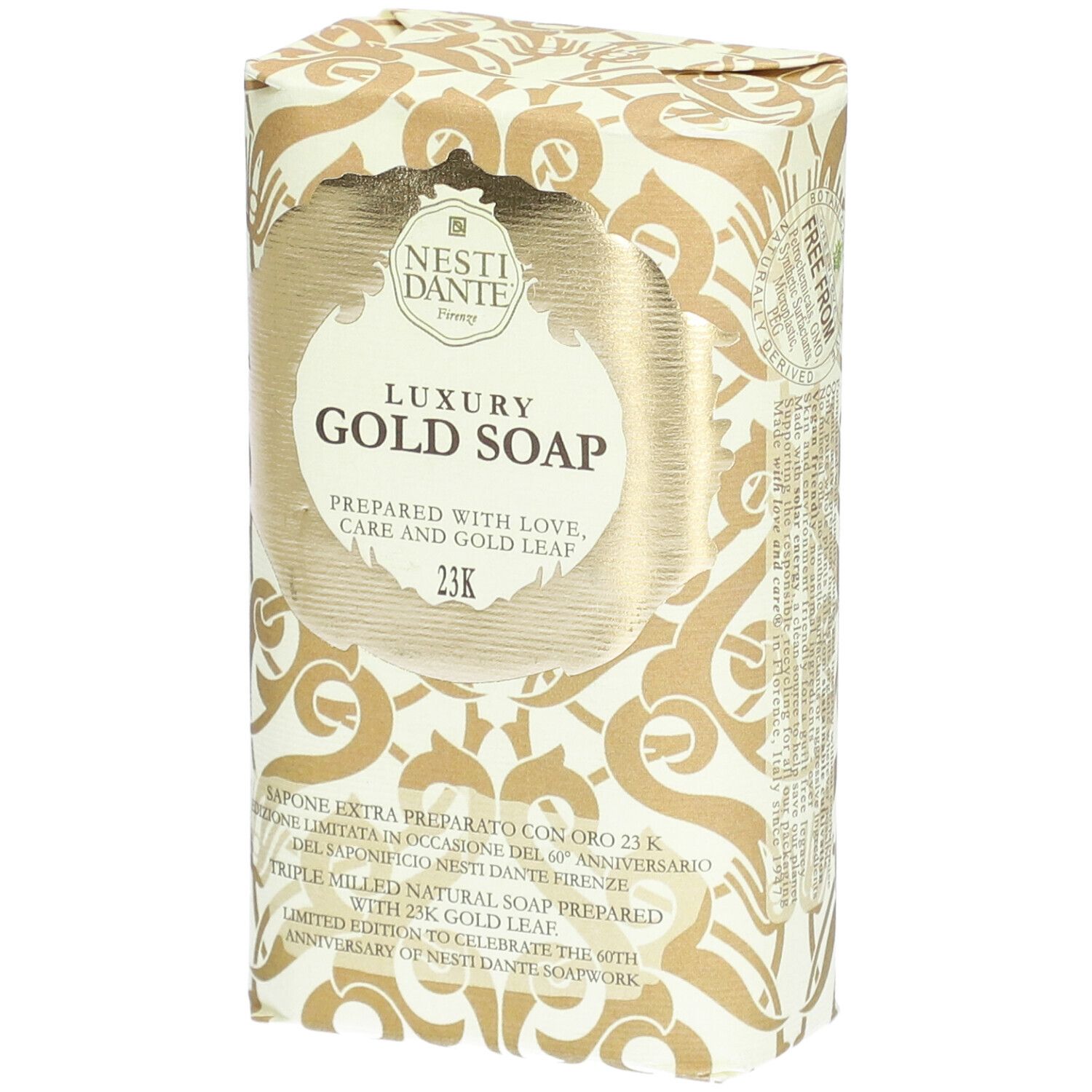 Savon doré emballé. Inscription: Luxury Gold Soap, 23K. Marque: Nesti Dante.