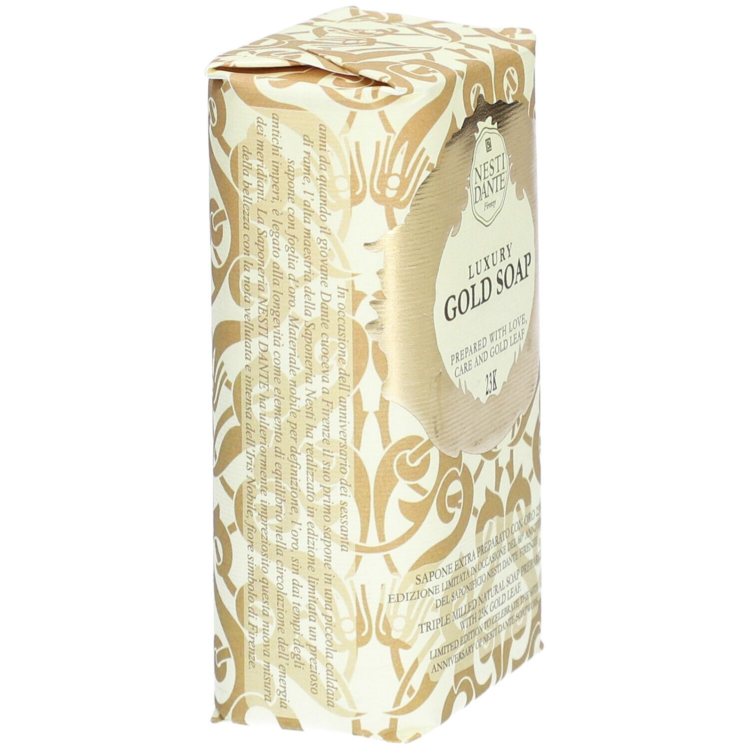 Savon doré emballé. Inscription: Luxury Gold Soap, 23K. Marque: Nesti Dante.