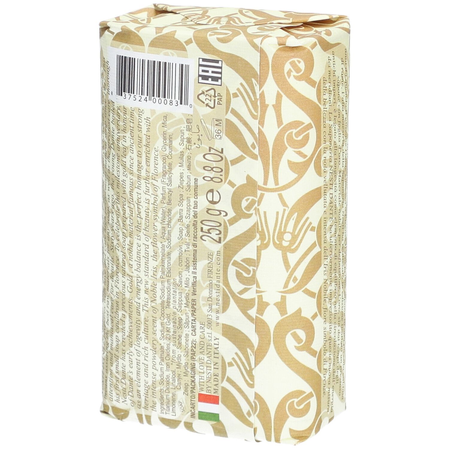 Savon emballé. Inscription: 250 g 8.8 OZ. Marque: Nesti Dante. Drapeau italien.