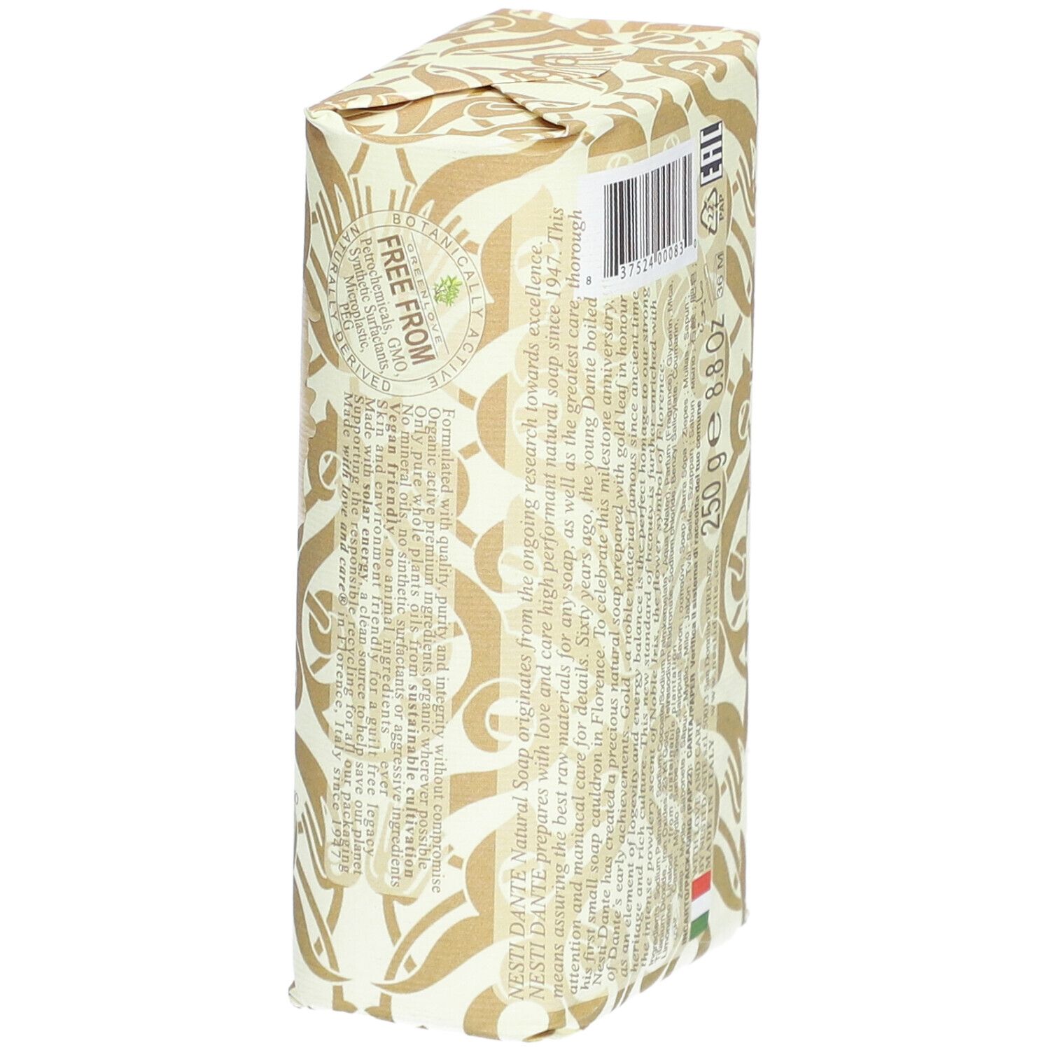 Savon emballé. Inscription: 250 g 8.8 OZ. Marque: Nesti Dante. Drapeau italien.
