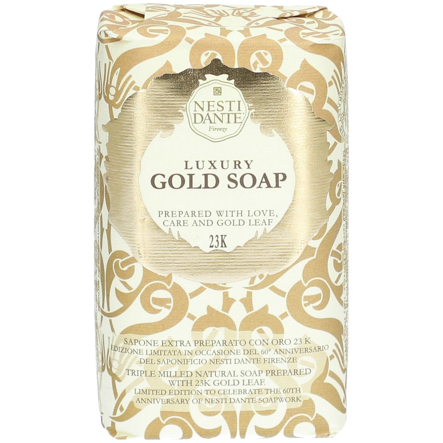 Savon doré emballé. Inscription: Luxury Gold Soap, 23K. Marque: Nesti Dante.