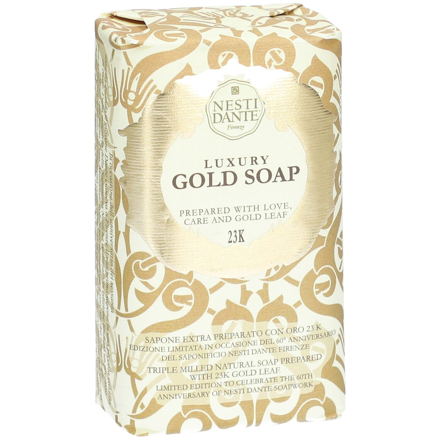 Savon doré emballé. Inscription: Luxury Gold Soap, 23K. Marque: Nesti Dante.