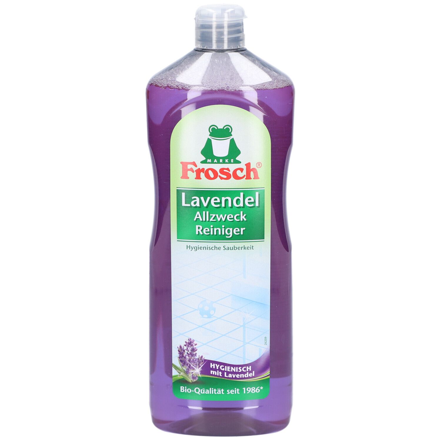 Flacon de nettoyant universel violet. Étiquette avec logo Frosch et texte "Lavande".