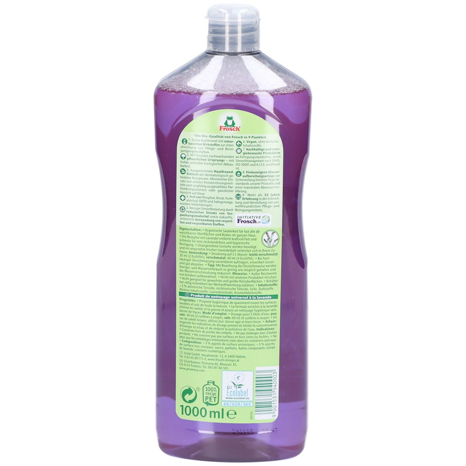 Dos du flacon. Étiquette avec texte et logos, dont le logo Frosch et un symbole de recyclage.