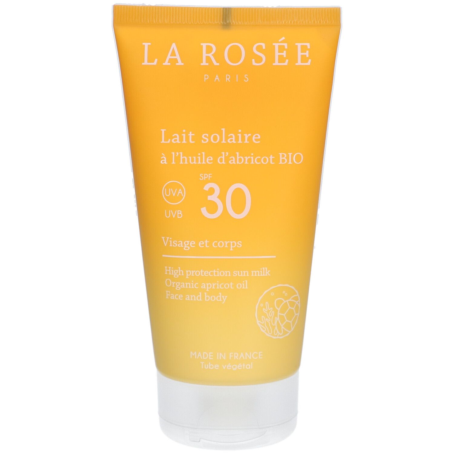 Tube de lait solaire LA ROSÉE SPF 30. Inscription : Lait solaire à l'huile d'abricot BIO. Logo UVA/UVB.