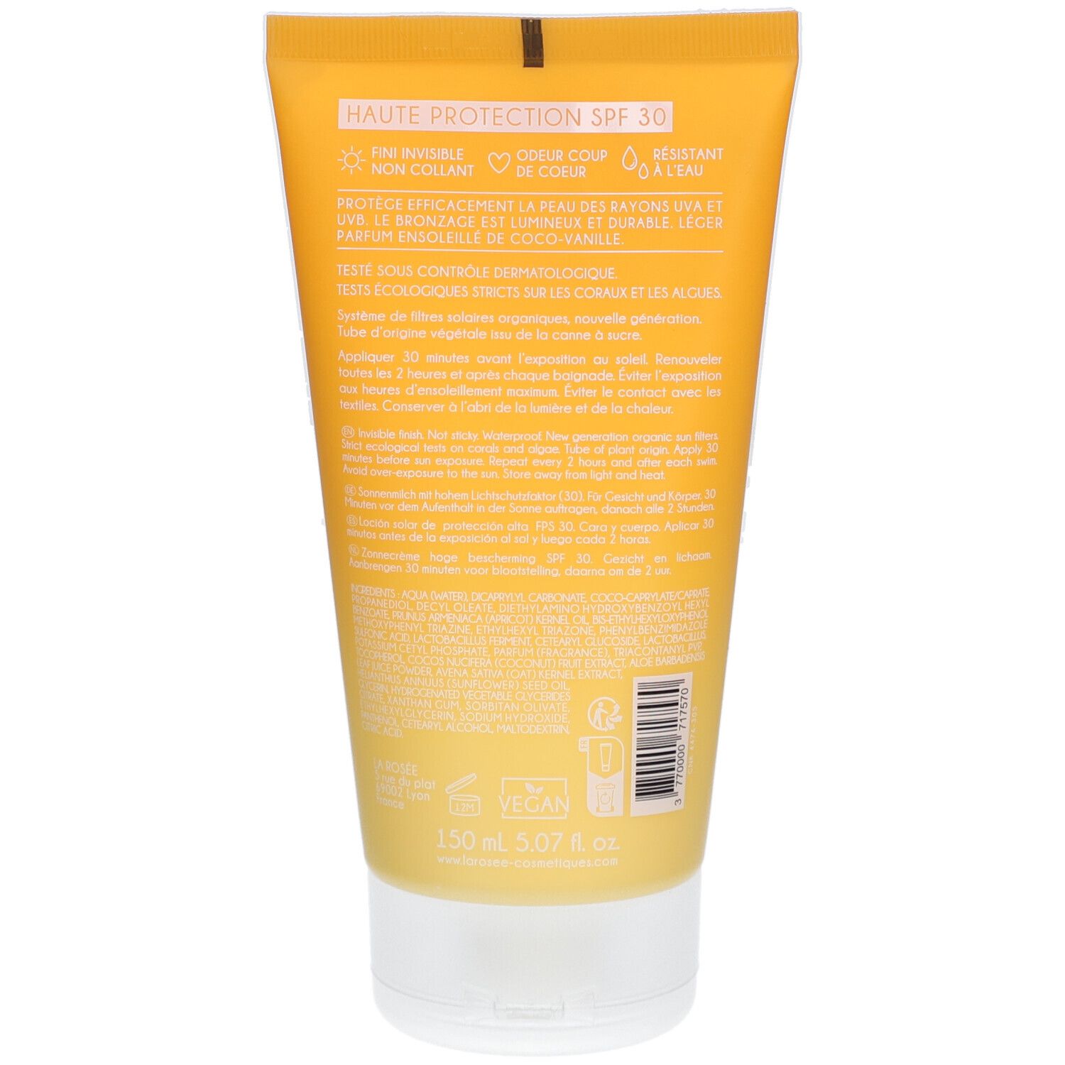Dos du tube de lait solaire LA ROSÉE. Texte : Haute Protection SPF 30. Ingrédients et code QR.