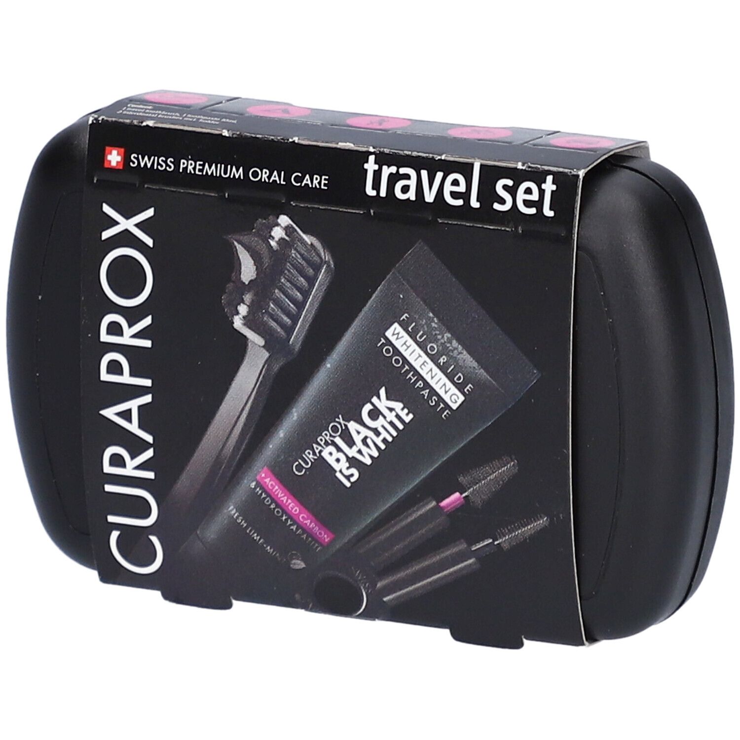 Kit de voyage noir avec dentifrice, brosse à dents et brosses. Logo CURAPROX et texte "Black is White".