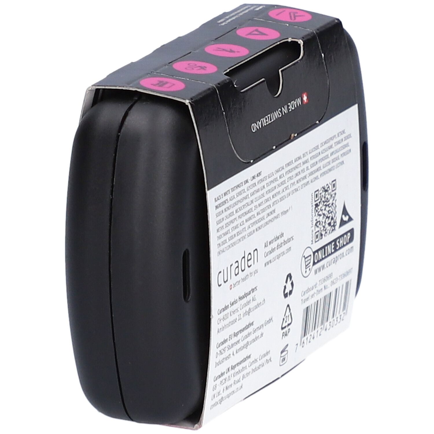 Dos du kit de voyage noir. Contient des informations sur les ingrédients, le fabricant et la boutique en ligne.