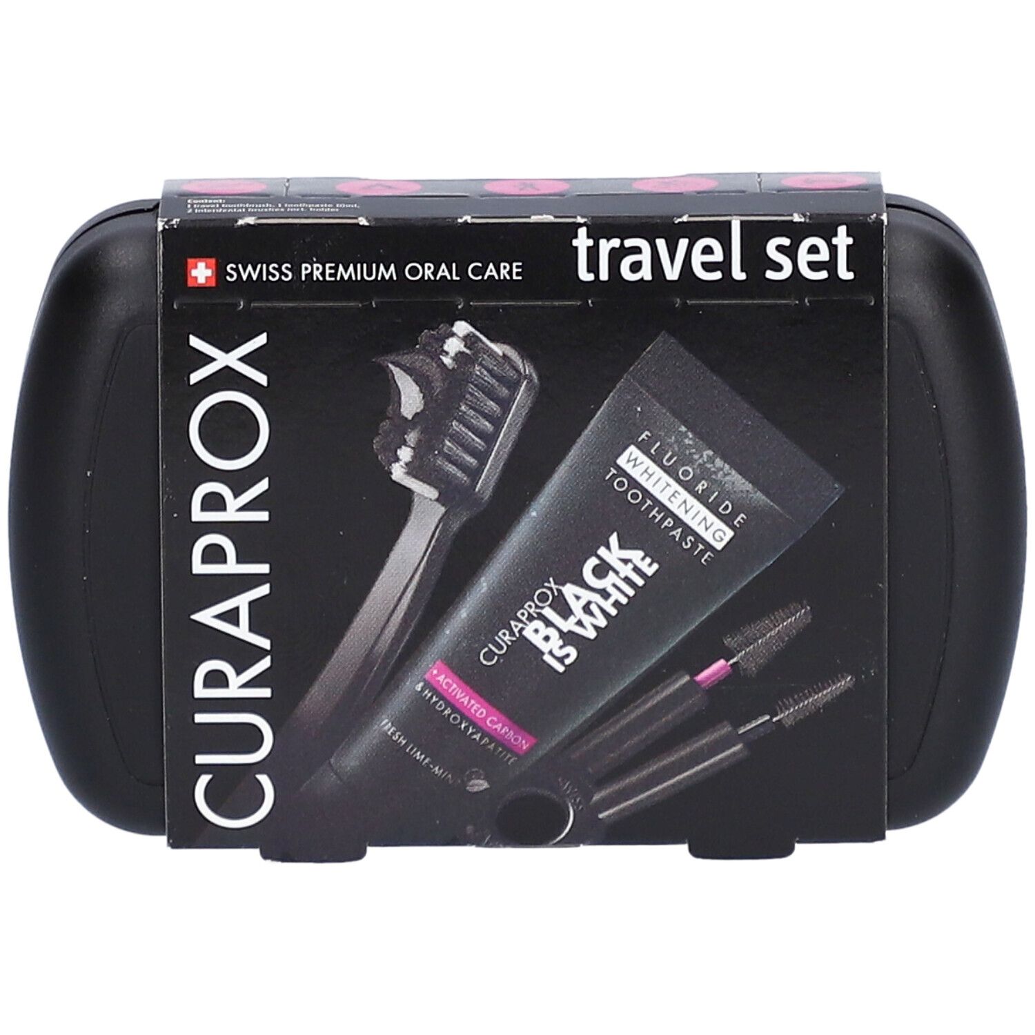 Kit de voyage noir avec dentifrice, brosse à dents et brosses. Logo CURAPROX et texte "Black is White".