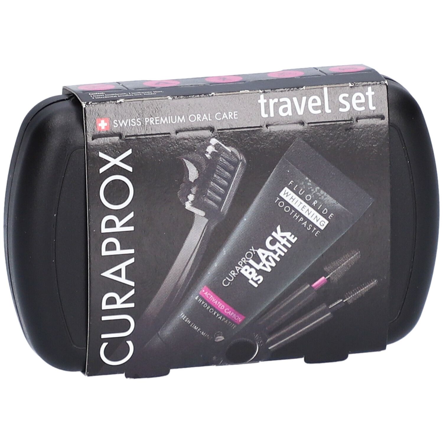 Kit de voyage noir avec dentifrice, brosse à dents et brosses. Logo CURAPROX et texte "Black is White".