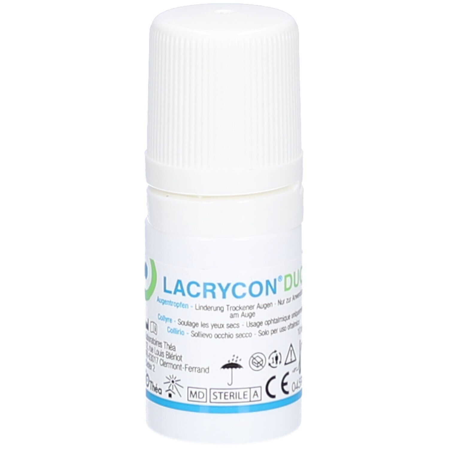 Flacon blanc avec bouchon à vis. Inscription LACRYCON DUO, collyre. Marquage CE.