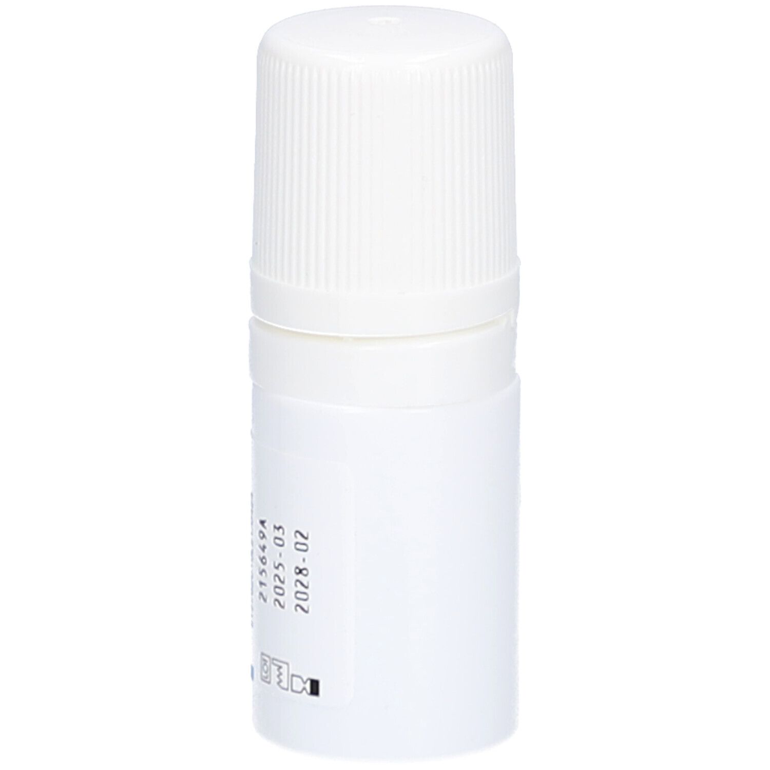 Flacon blanc avec bouchon à vis. Étiquette avec numéro de lot et date de péremption.