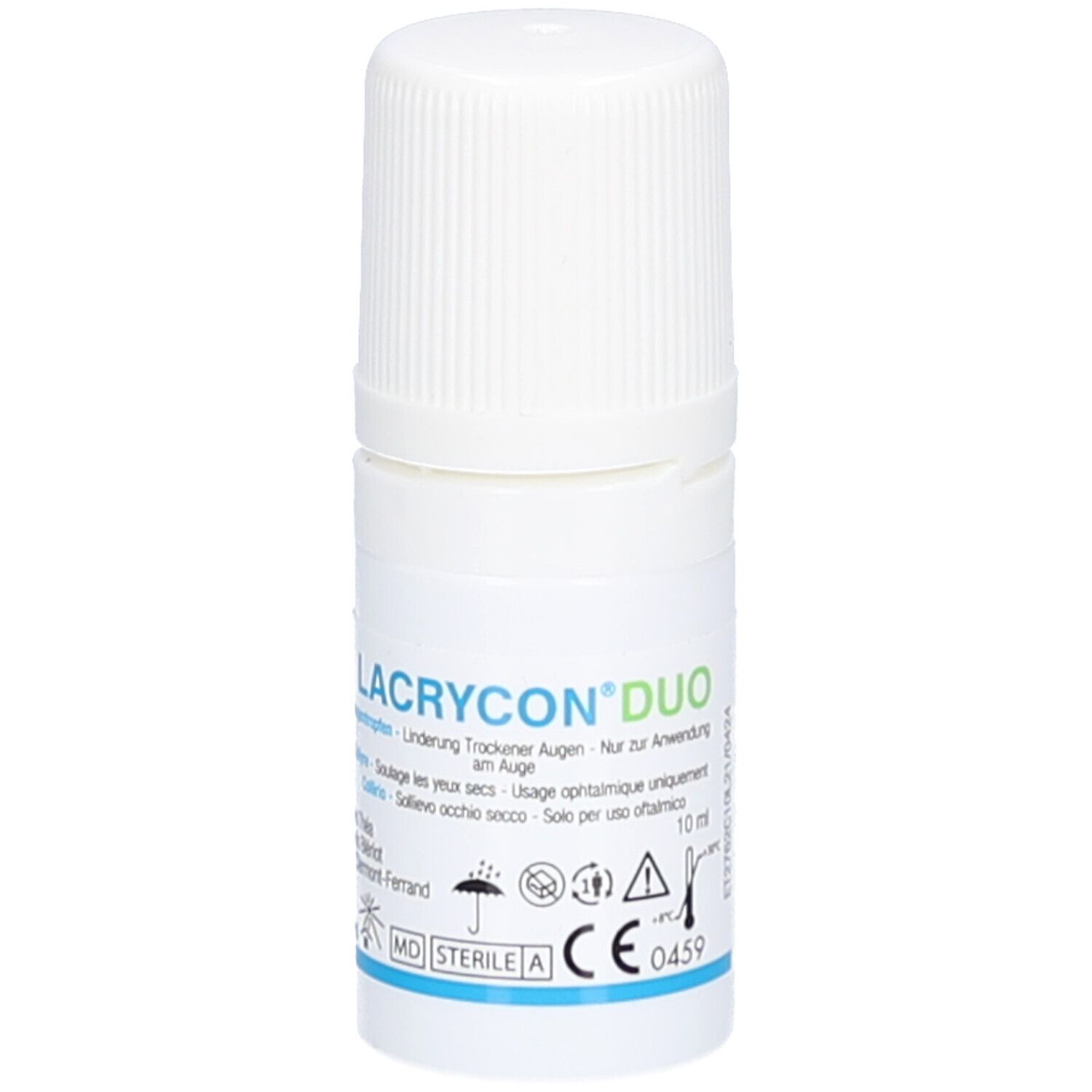 Flacon blanc avec bouchon à vis. Inscription LACRYCON DUO 10 ml, collyre. Logo Thea.