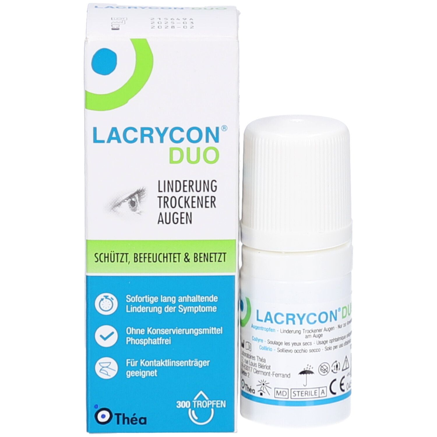 Emballage du produit avec flacon. Inscription LACRYCON DUO. Boîte avec image d'œil et informations.
