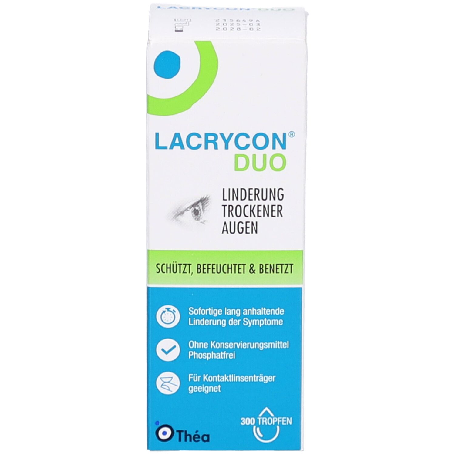 Emballage du produit. Inscription LACRYCON DUO. Boîte avec image d'œil et informations.