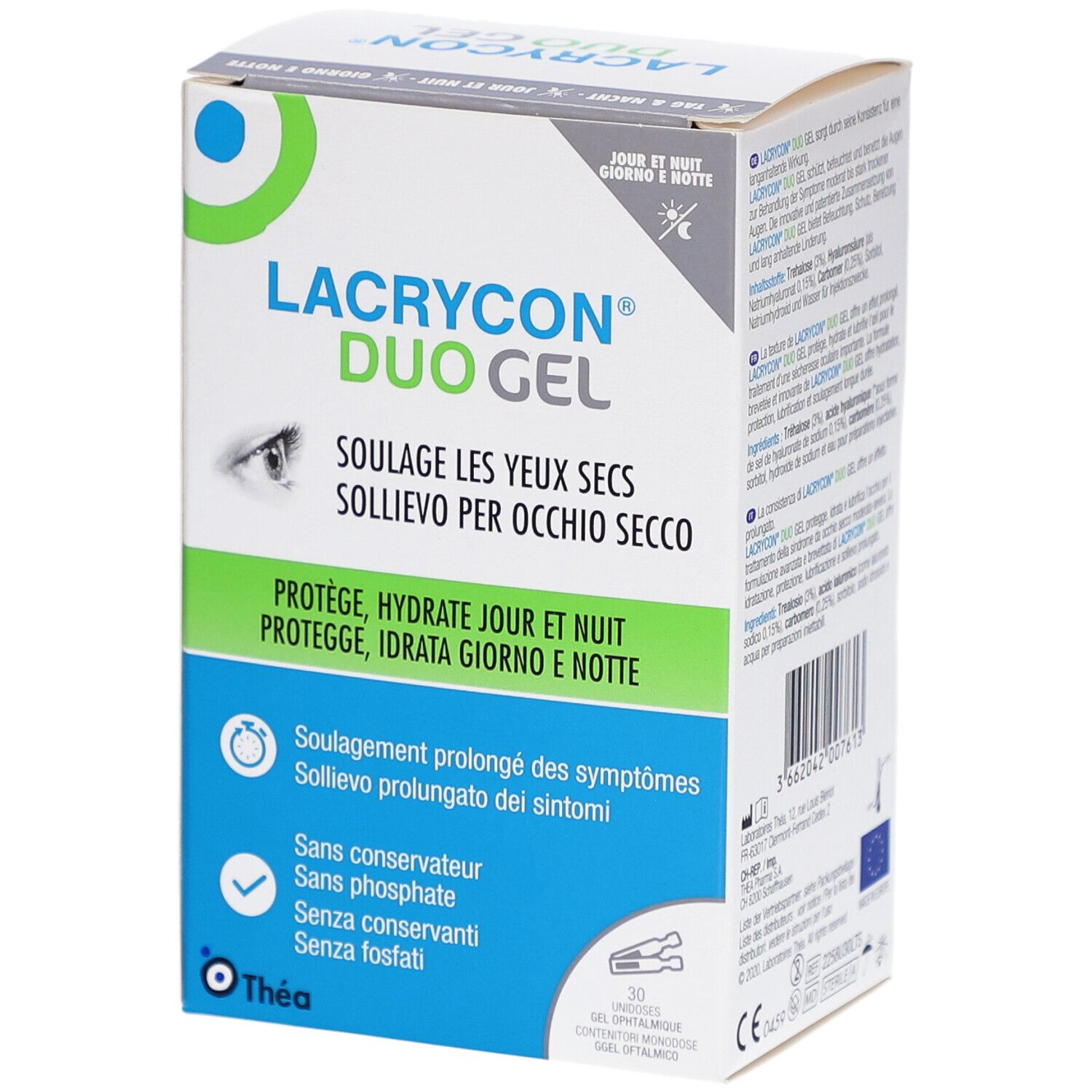 Boîte de LACRYCON DUO Gel. Face avant avec nom du produit, illustration d'un œil et texte en allemand, italien et français. 30 doses.
