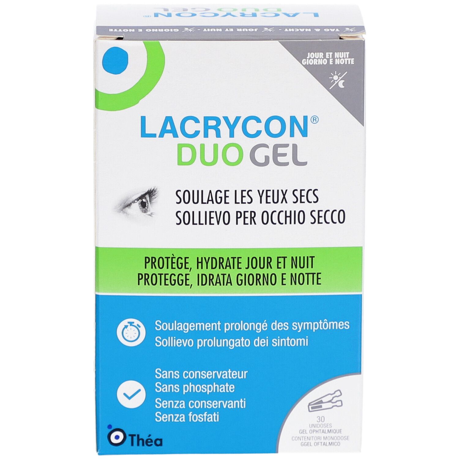Face avant de la boîte de LACRYCON DUO Gel. Nom du produit, illustration d'un œil et texte en allemand, italien et français. 30 doses.