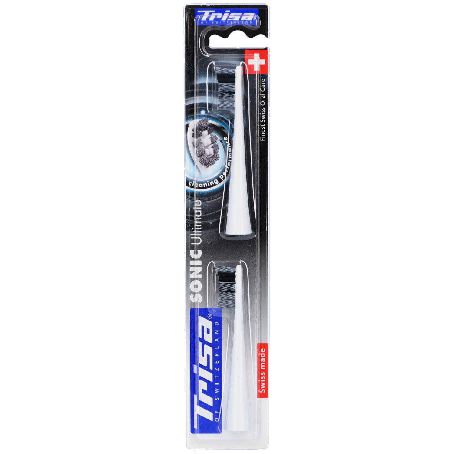 Deux têtes de brosse blanches dans un emballage blister. Marque TRISA, texte Sonic Ultimate. Rayures noires et rouges.