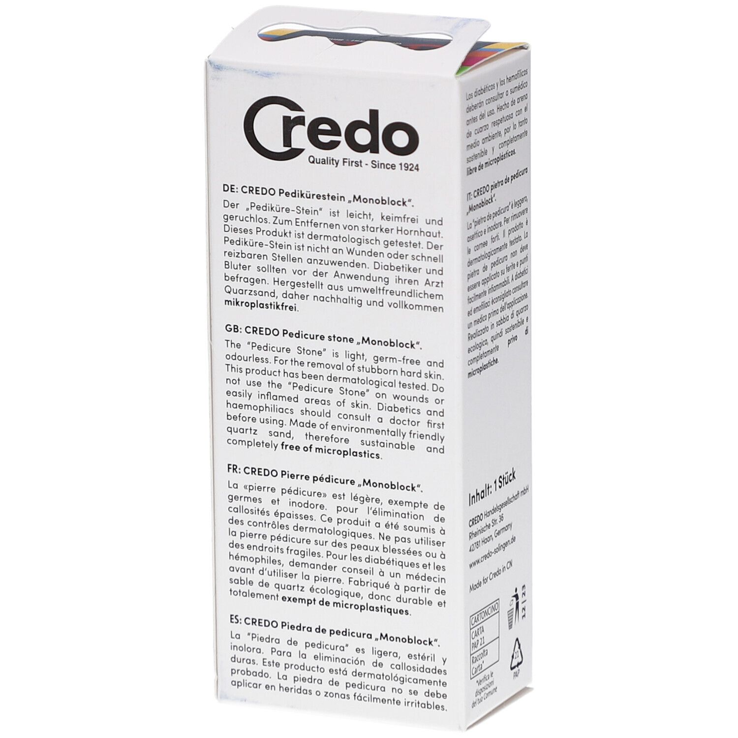 Emballage avec texte multilingue. Marque Credo. Texte: Pierre de pédicure, Monobloc, Sans microplastiques. Label FSC.