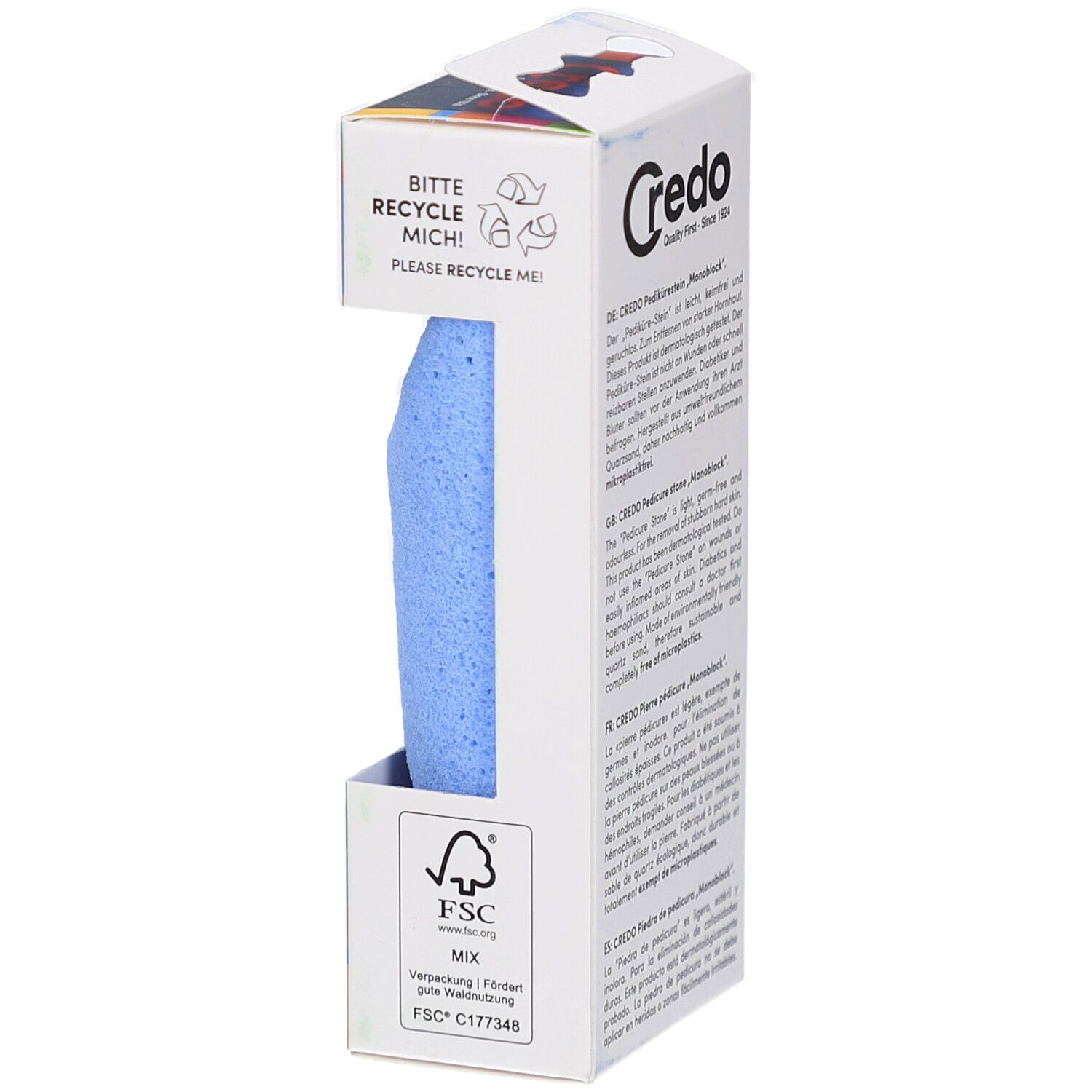 Emballage avec pierre ponce bleue. Marque Credo. Texte: Veuillez recycler ! Label FSC.
