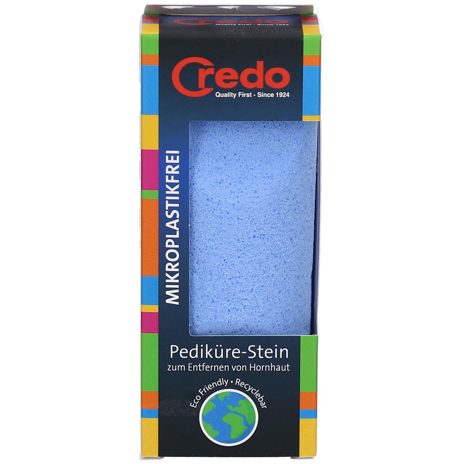 Pierre ponce bleue dans emballage. Marque Credo. Texte: Sans microplastiques, Pierre de pédicure, Eco Friendly, Recyclable.