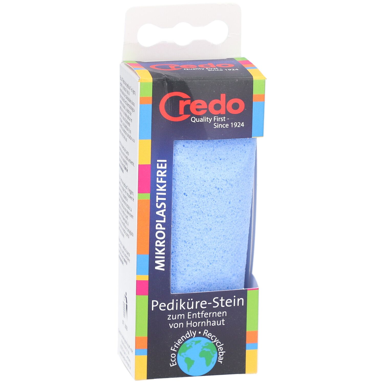 Pierre ponce bleue dans emballage. Marque Credo. Texte: Sans microplastiques, Pierre de pédicure, Eco Friendly, Recyclable.