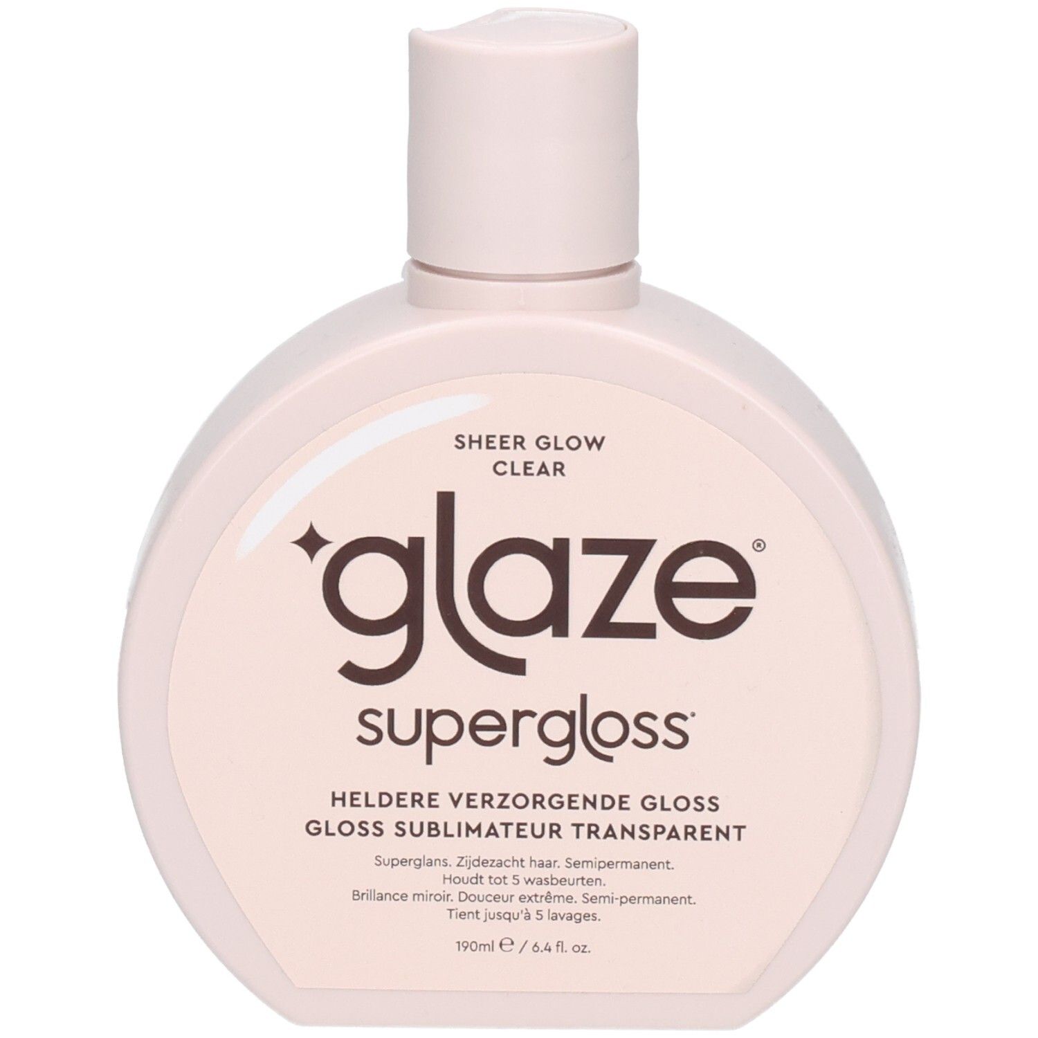 Flacon rose clair avec bouchon blanc. Inscription 'glaze' et 'Sheer Glow Transparent'. Texte : 'CLEAR CONDITIONING GLOSS'.