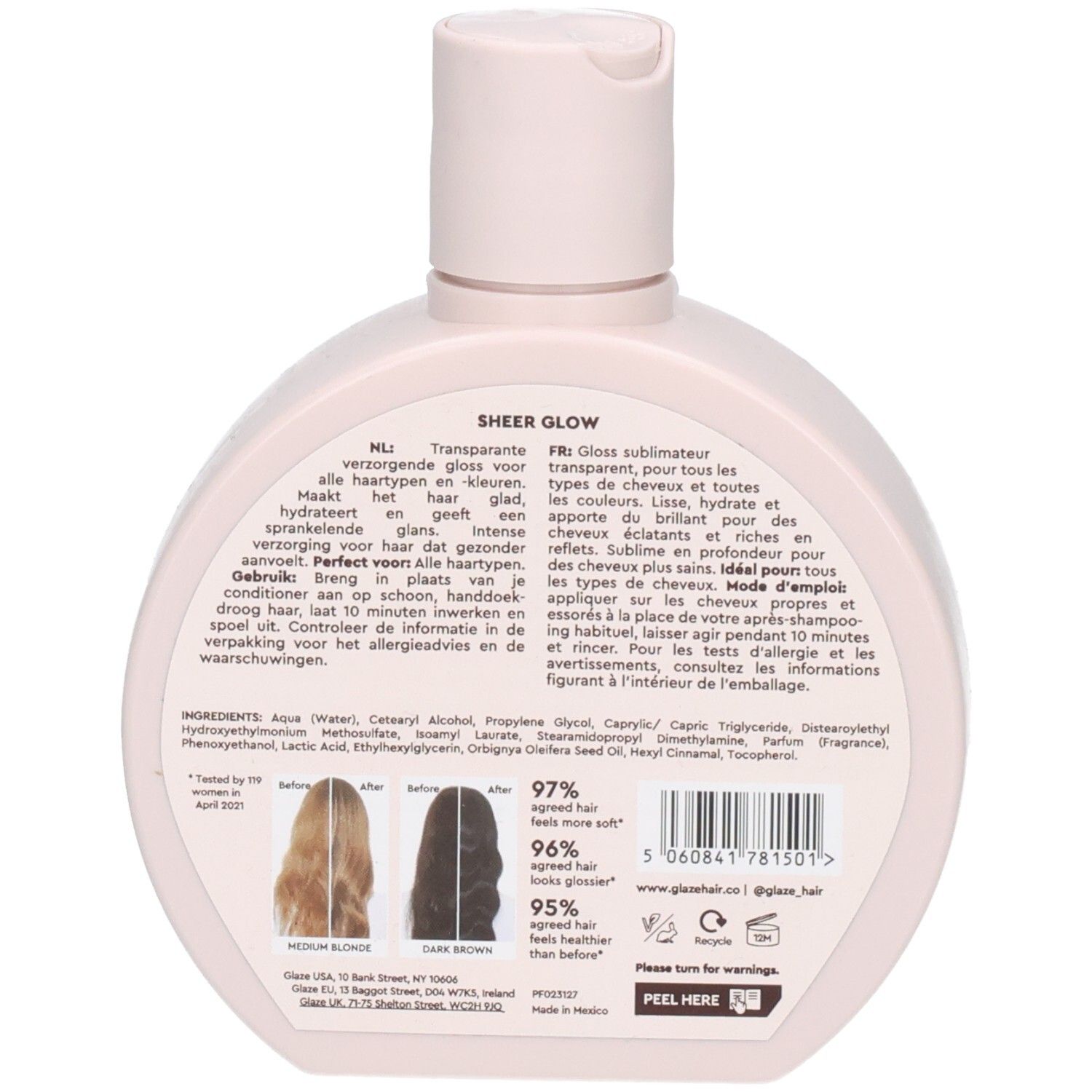 Dos du flacon. Texte : 'Sheer Glow', 'NATURAL VIBRANT COLOR BOOST', 'MIRROR GLAZE SHINE', 'CARES & REPAIRS'. Images de cheveux.