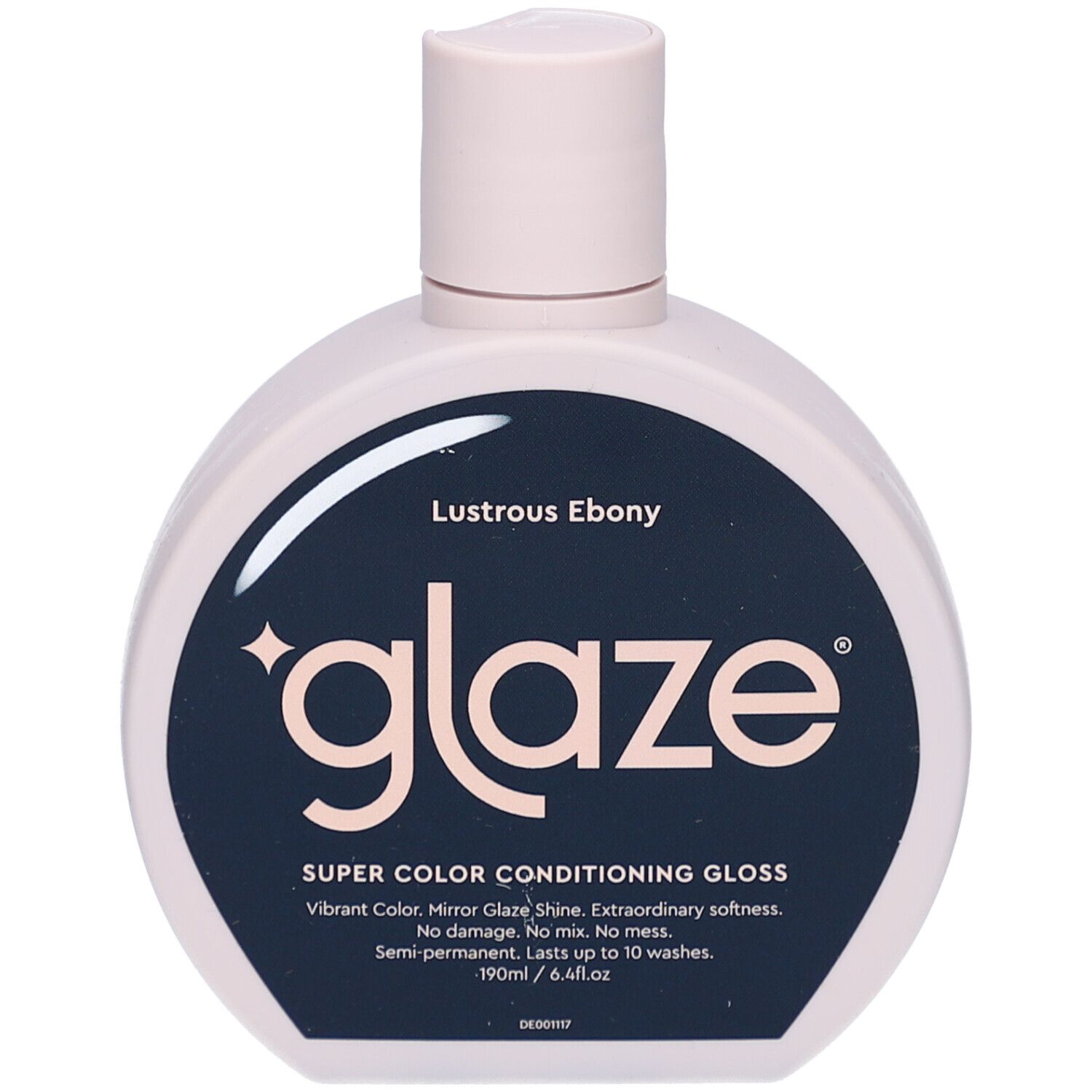 Flacon rond, bouchon rose. Étiquette noire avec texte blanc 'glaze' et informations produit. 'Lustrous Ebony' et 'SUPER COLOR CONDITIONING GLOSS'.