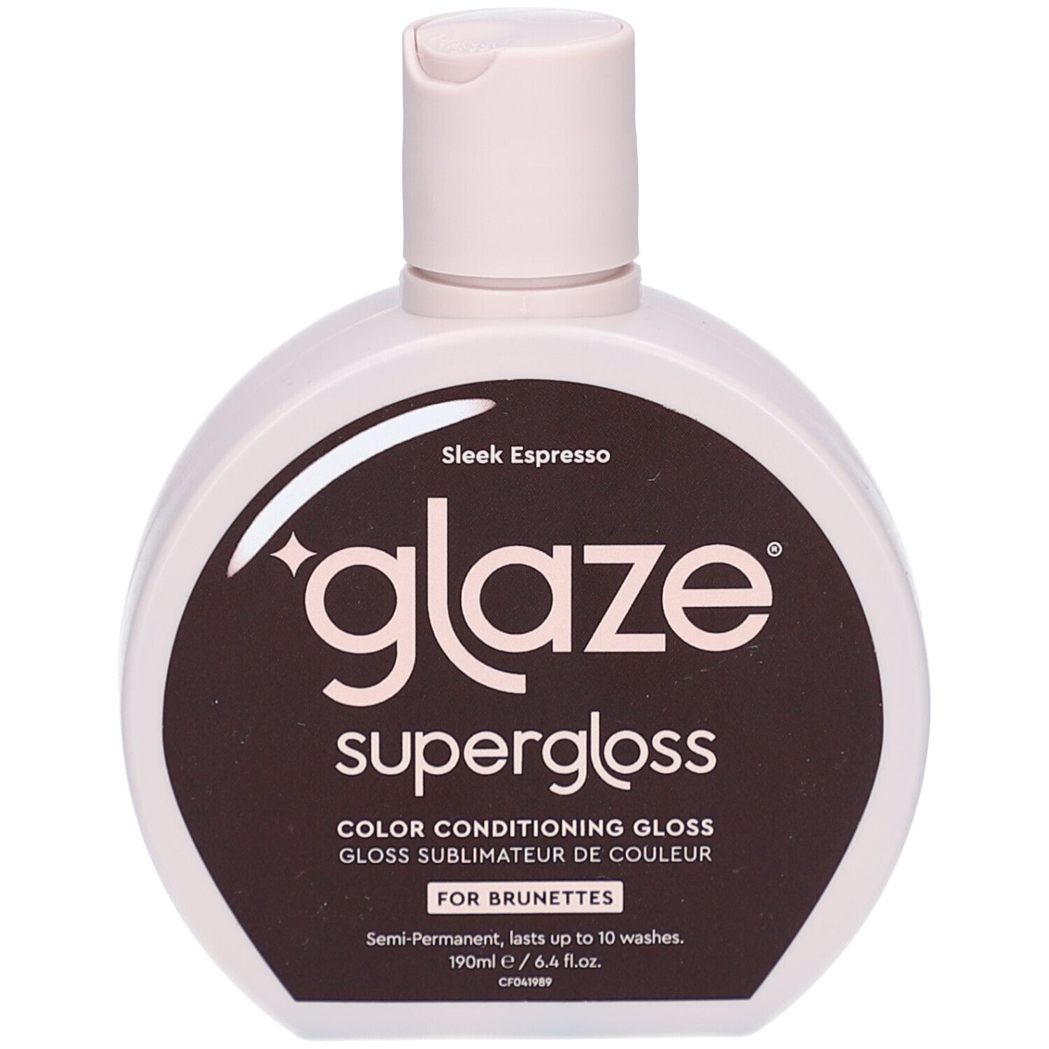 Flacon de gloss. Flacon blanc-rose avec étiquette marron. Inscription : Glaze supergloss, teinte Sleek Espresso.