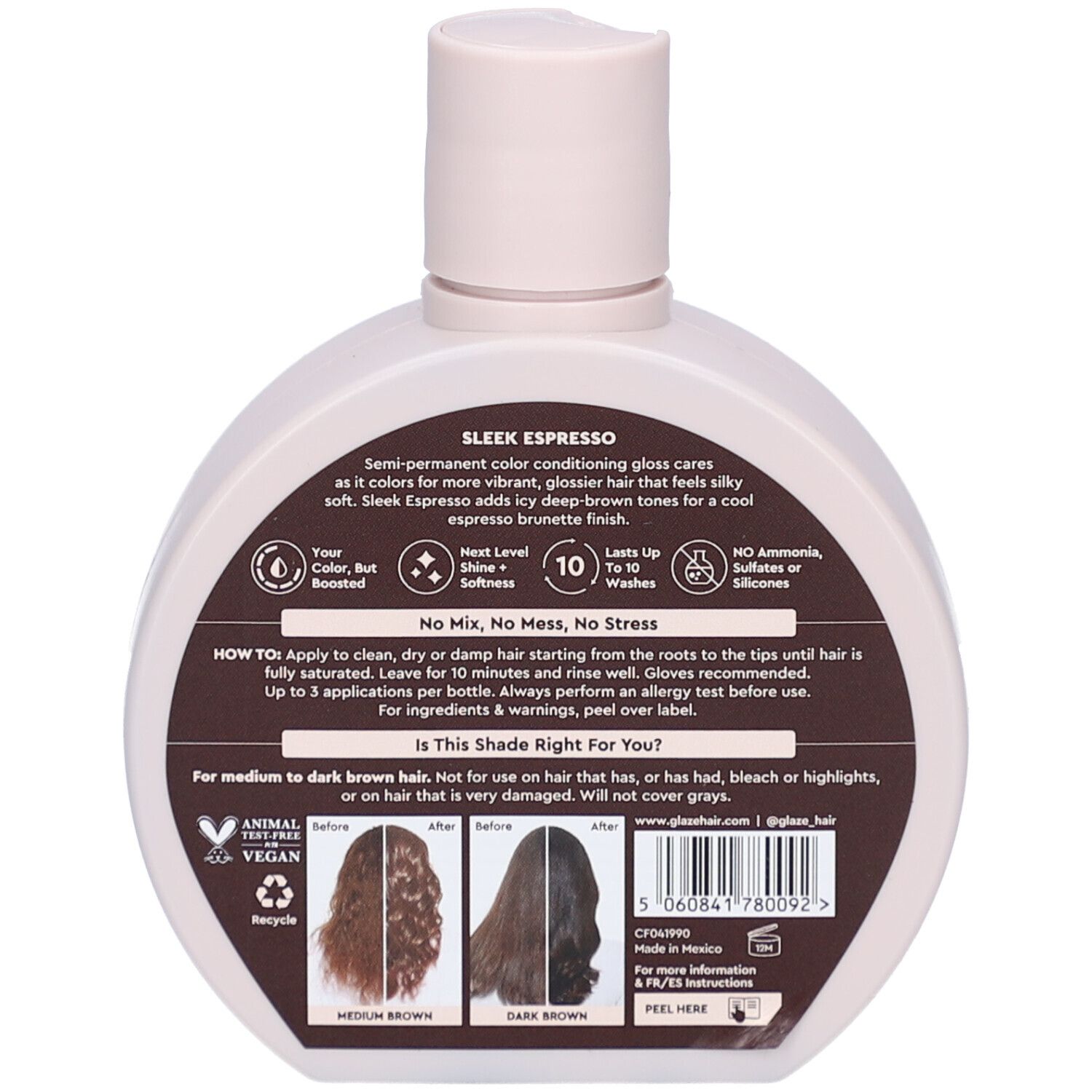 Dos du flacon de gloss. Texte et illustrations. Teinte Sleek Espresso. Label vegan.