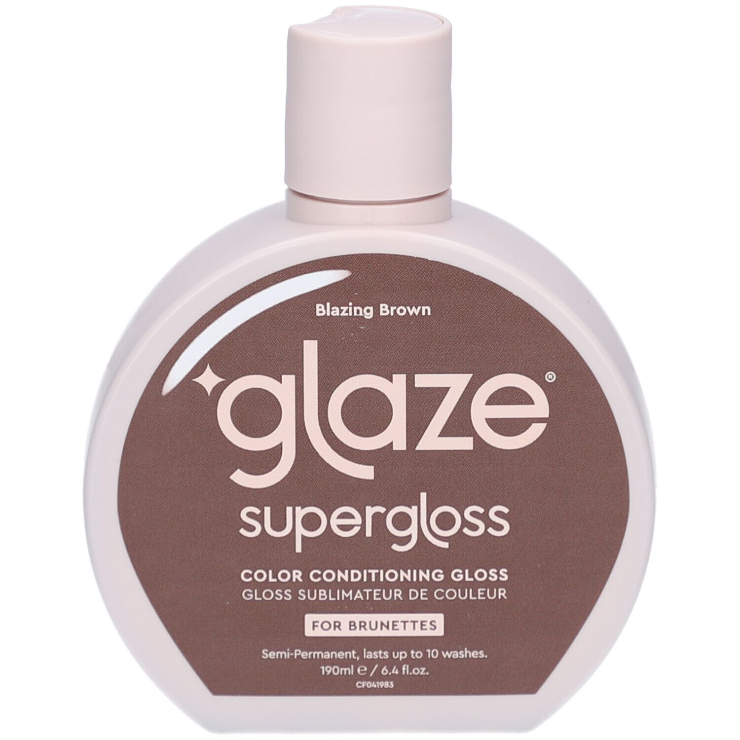 Flacon rond, étiquette marron. Inscription "glaze supergloss". "Blazing Brown" et "For Brunettes".