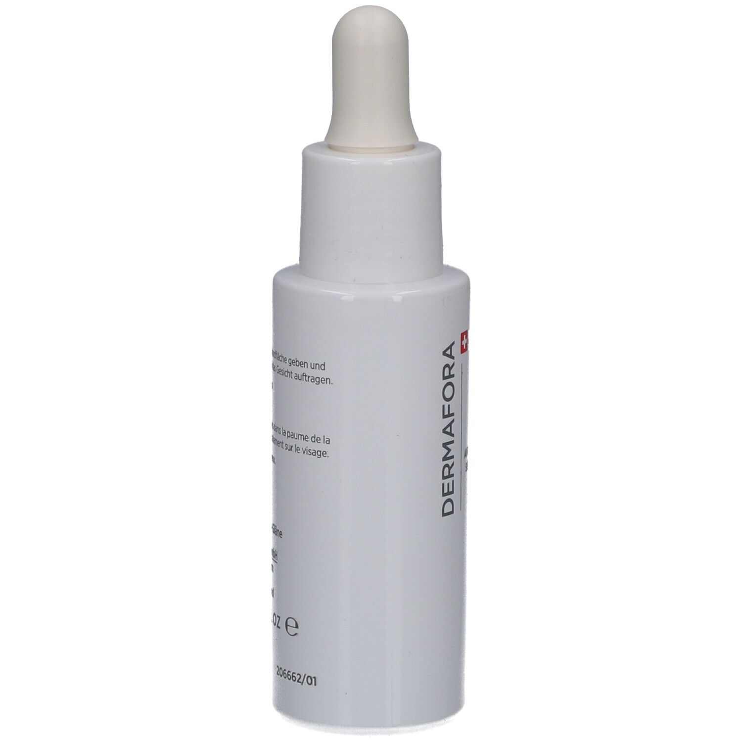 Flacon blanc avec pipette. Inscription: Dermafora. Croix suisse. Texte sur le côté.