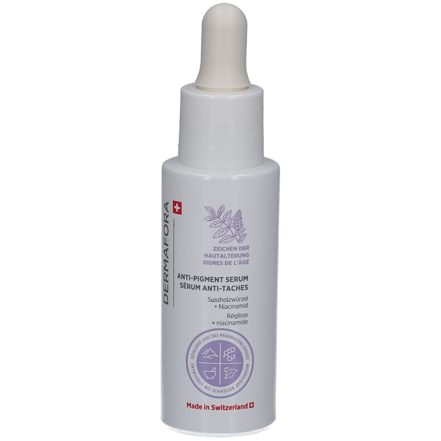 Flacon blanc avec pipette. Inscription: Dermafora, Sérum anti-taches. Croix suisse.