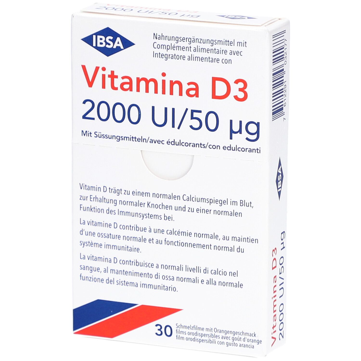 Boîte blanche avec logo IBSA et texte: Vitamina D3 2000 UI/50 µg. Contient 30 films orodispersibles. Texte en allemand, français, italien.