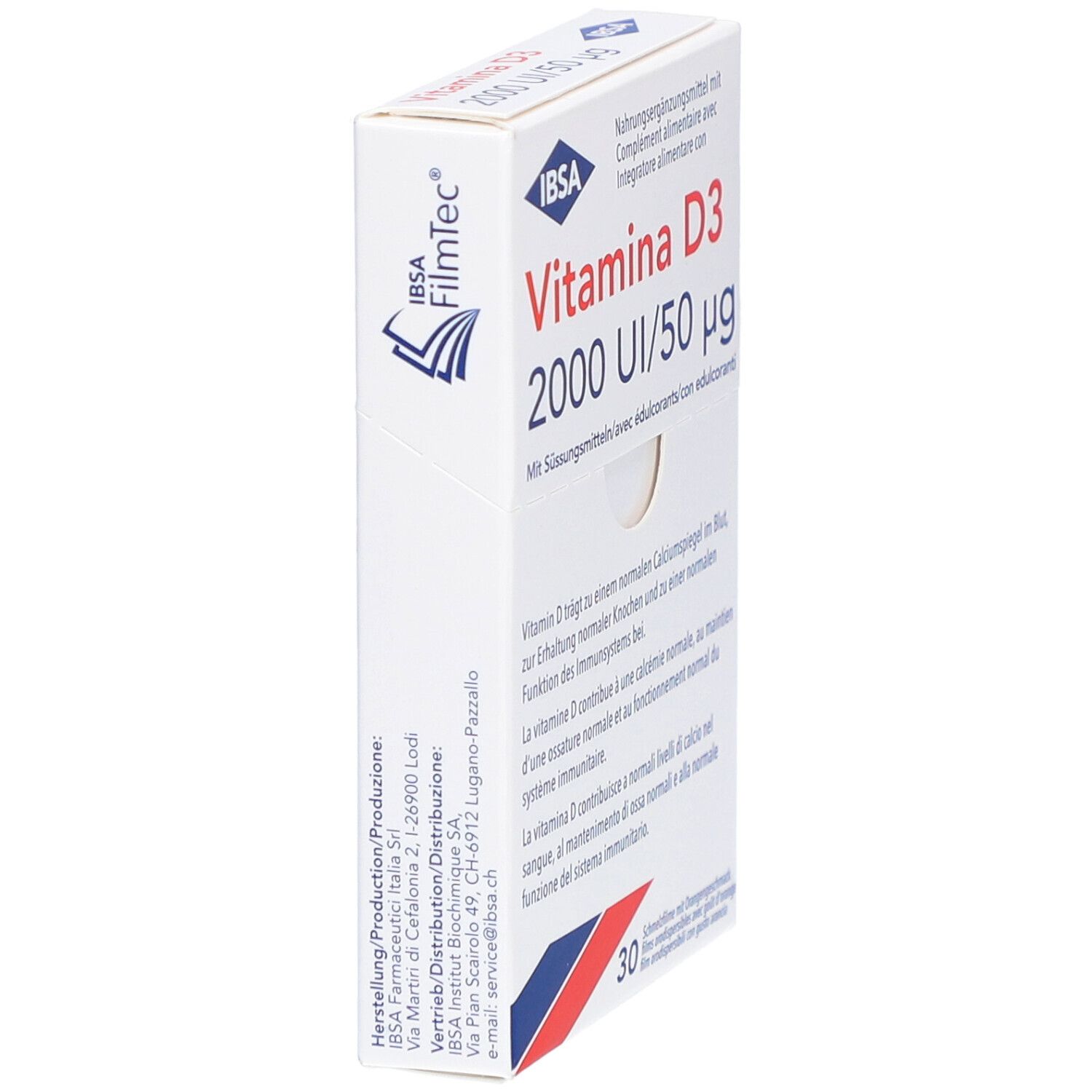 Boîte blanche, logo IBSA, texte: Vitamina D3 2000 UI/50 µg. Vue latérale. Texte en allemand, français, italien. Logo Filmtec.
