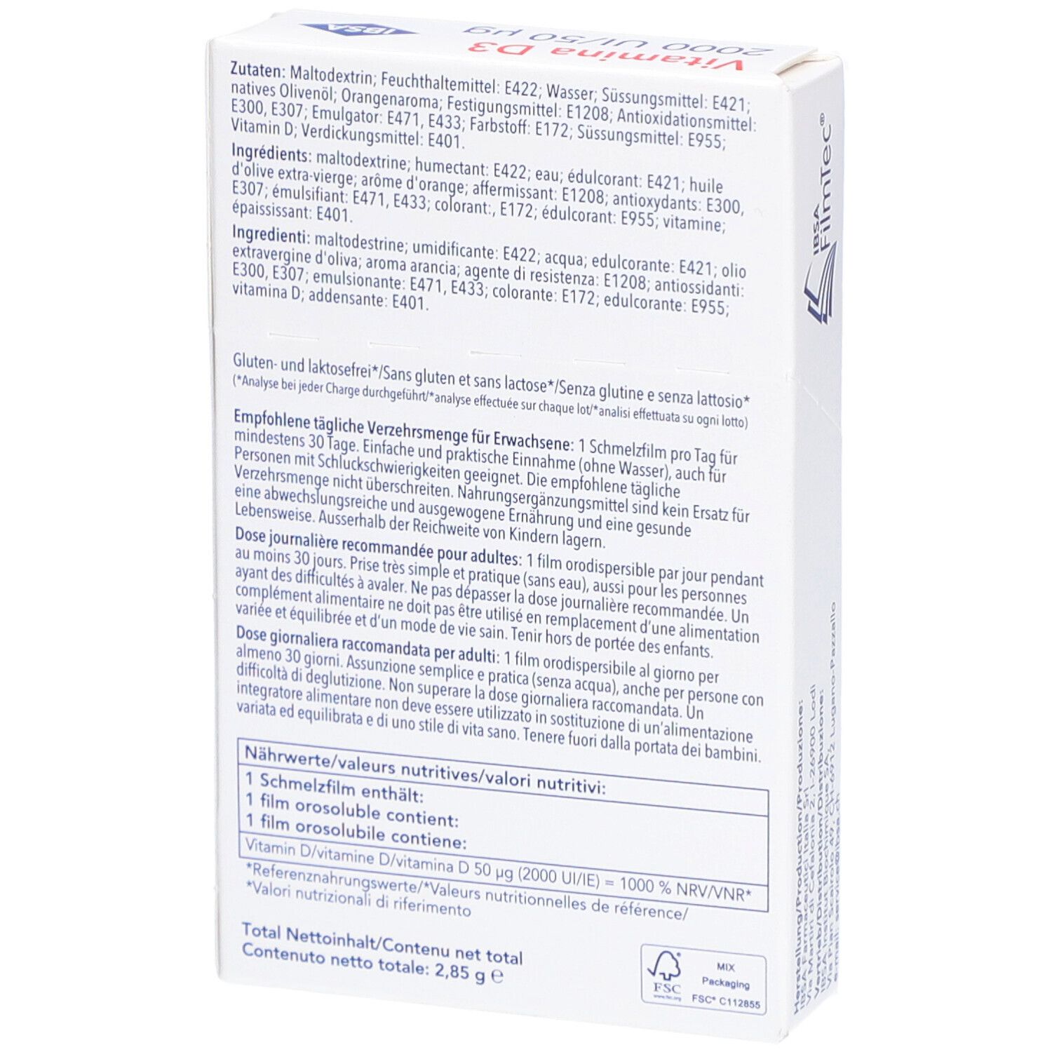 Dos de la boîte blanche. Texte sur les ingrédients, l'utilisation et les valeurs nutritionnelles. Sans gluten et sans lactose. Contenu total 2,85 g.