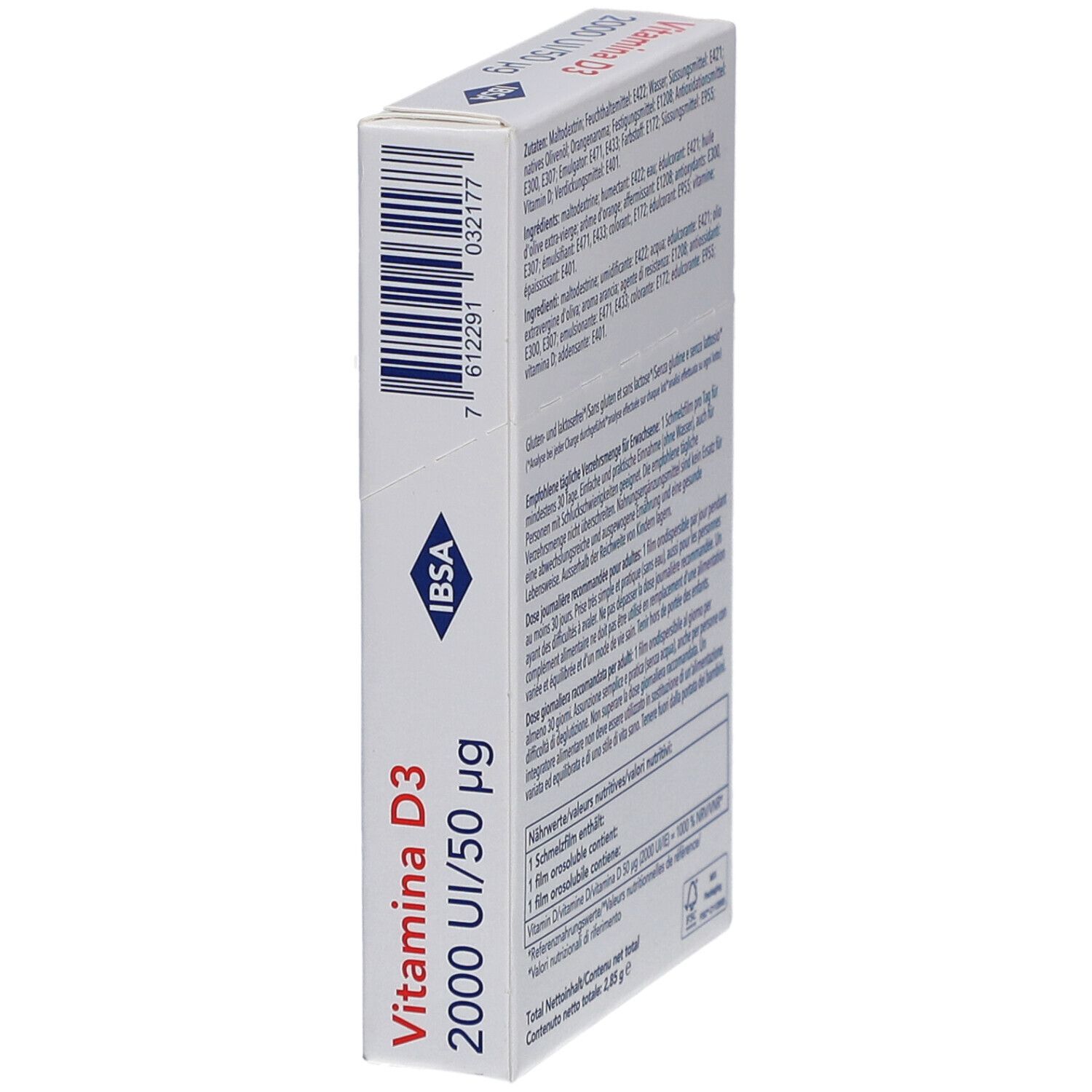 Boîte blanche, logo IBSA, texte: Vitamina D3 2000 UI/50 µg. Code-barres. Texte en allemand, français, italien. Contenu total 2,85 g.