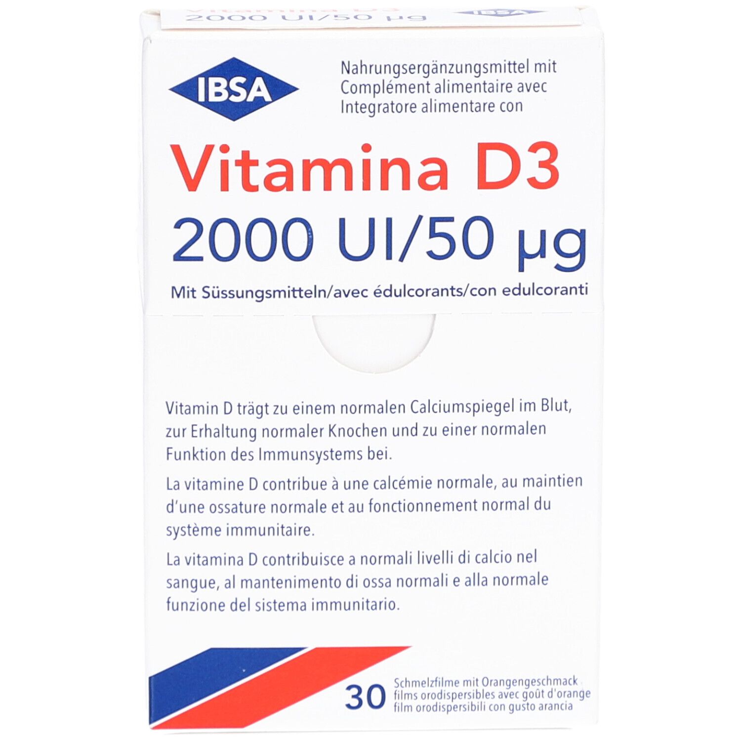 Boîte blanche avec logo IBSA et texte: Vitamina D3 2000 UI/50 µg. Contient 30 films orodispersibles. Texte en allemand, français, italien.