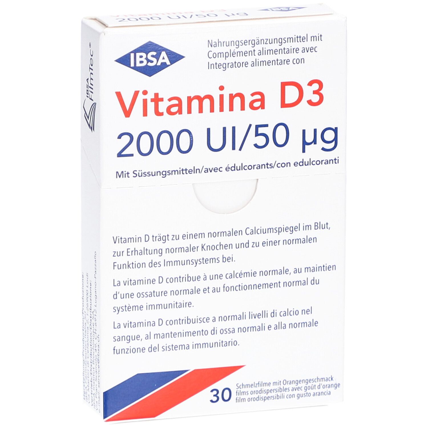 Boîte blanche, logo IBSA, texte: Vitamina D3 2000 UI/50 µg. Contient 30 films orodispersibles. Texte en allemand, français, italien. Logo Filmtec.