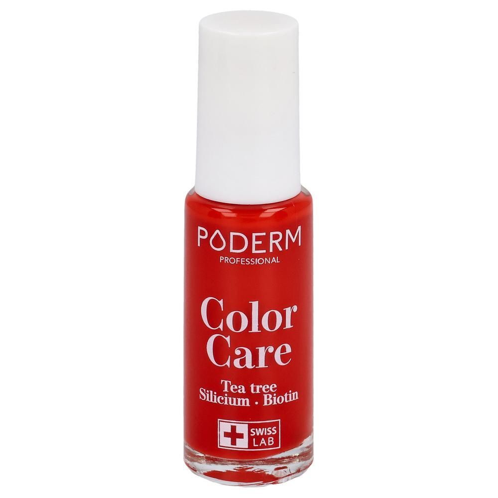 Flacon de vernis à ongles rouge avec bouchon blanc. Inscription: PODERM Color Care, Tea tree, Silicium, Biotin. Logo Swiss Lab.
