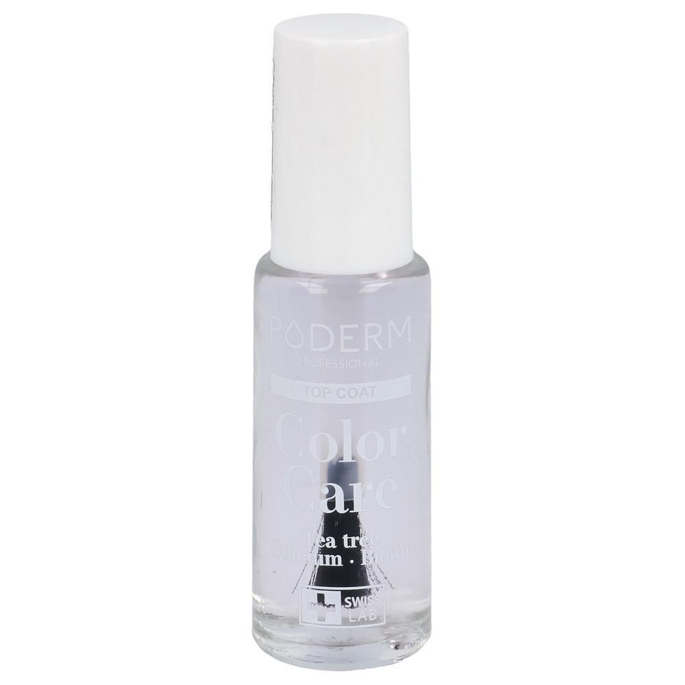 Flacon de vernis à ongles transparent avec bouchon blanc. Visible : PODERM, Color Care, Top Coat. Pinceau à l'intérieur.