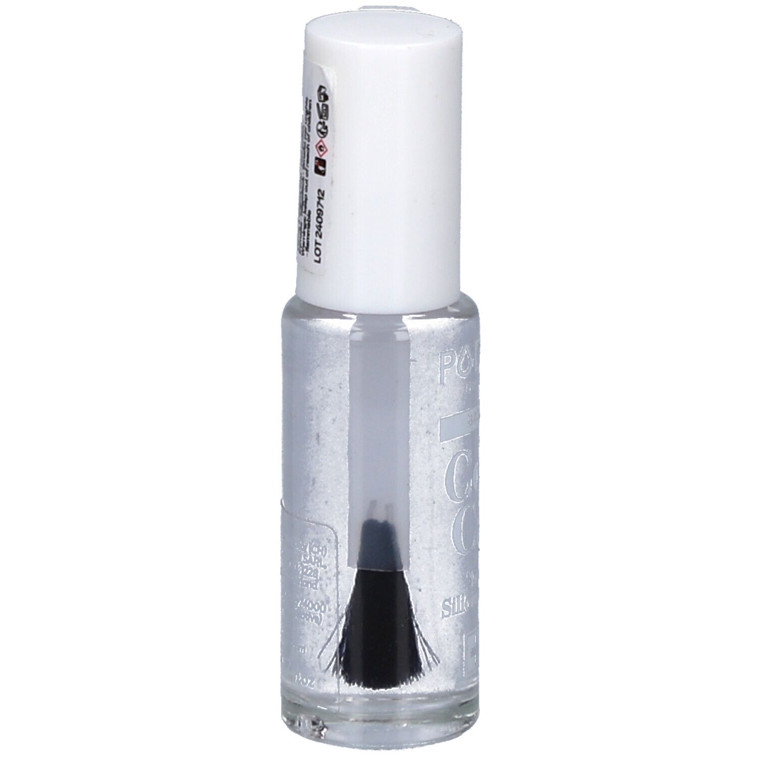 Flacon de vernis à ongles avec bouchon blanc. Dos avec informations et code-barres.