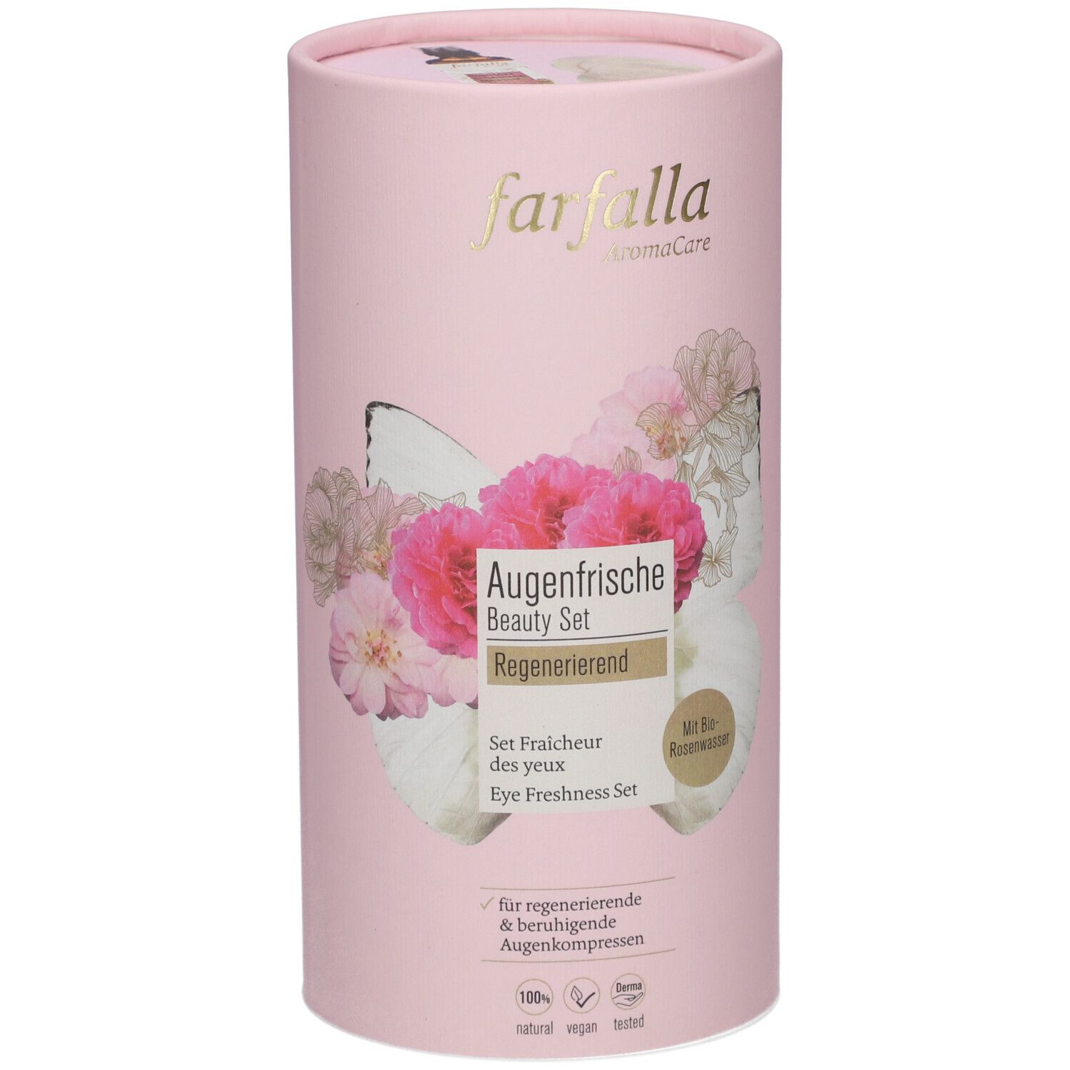 Emballage cylindrique rose. Inscription: Farfalla, Augenfrische Beauty Set. Décor floral. Texte: Régénérant, Eye Freshness Set.
