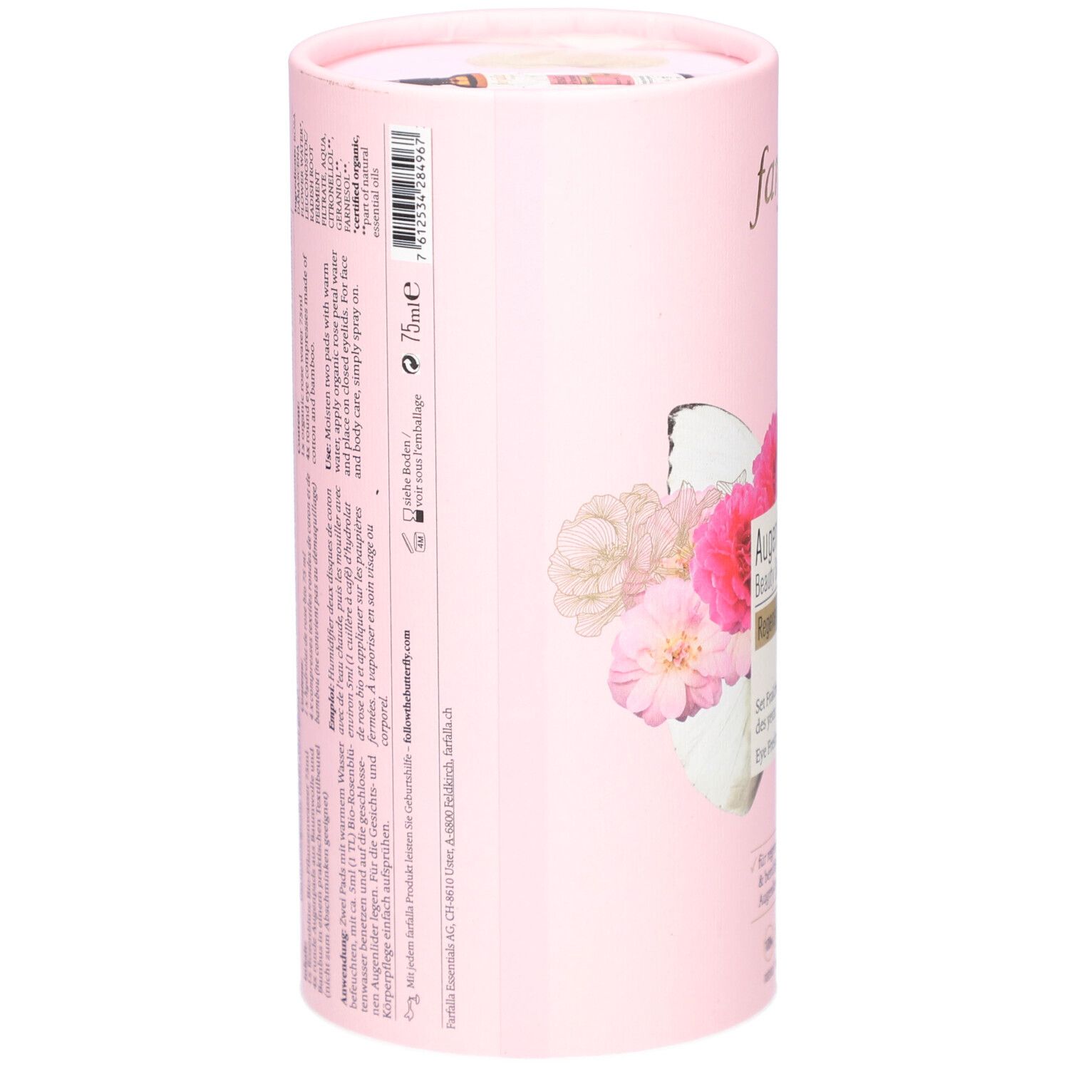 Emballage cylindrique rose. Inscription: Farfalla. Texte et code-barres. Impression: 75ml. Dos avec texte.