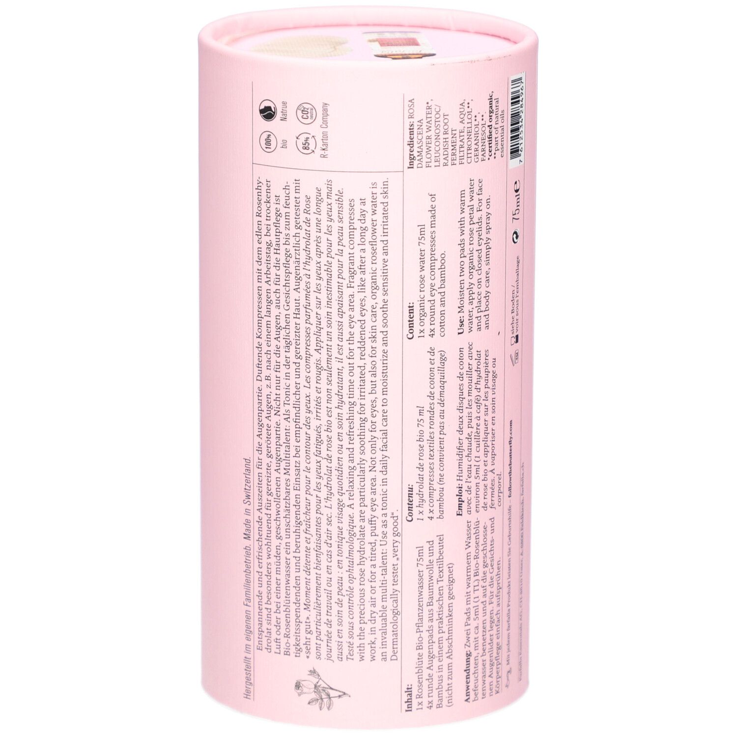 Emballage cylindrique rose. Texte au dos. Impression: 75ml. Logos et ingrédients.