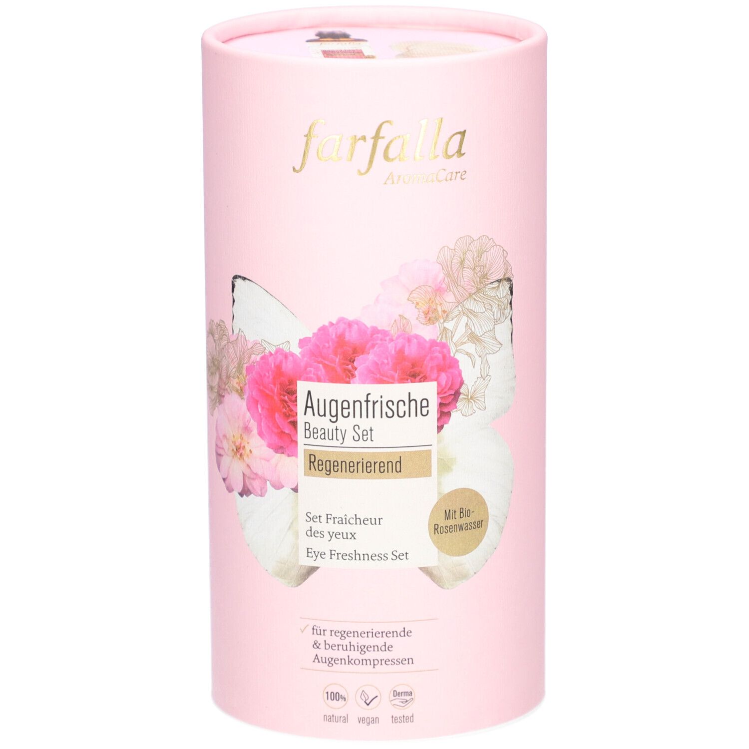 Emballage cylindrique rose. Inscription: Farfalla, Augenfrische Beauty Set. Décor floral. Texte: Régénérant, Eye Freshness Set.